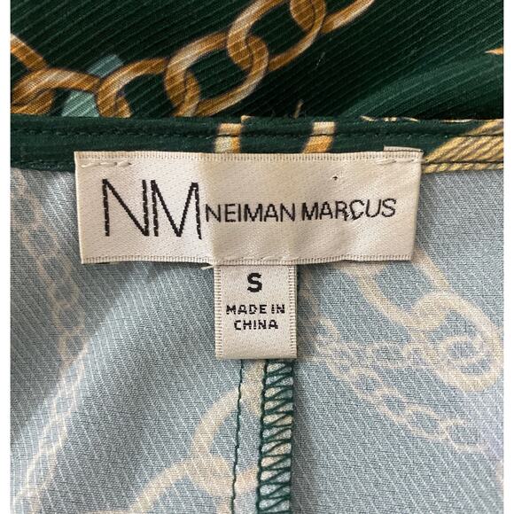 Neiman Marcus Green Chain-Print Wrap V-Neck Midi Dress Small Flutter Sleeve Belt - Picture 6 of 11